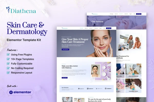 Diathena skin care and dermatology Elementor template kit preview