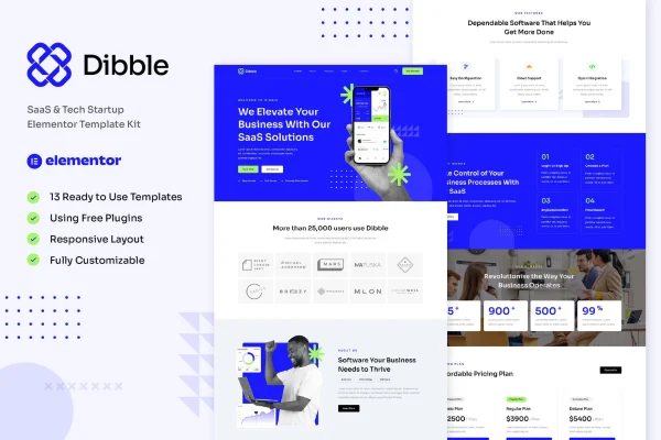 Dibble SaaS and tech startup Elementor template kit preview