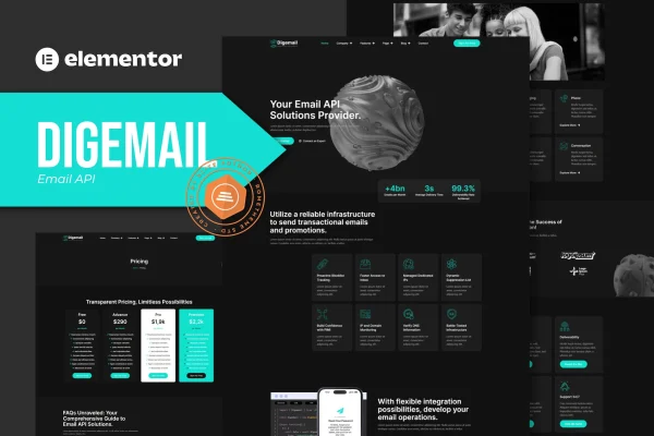 Digemail Elementor template kit preview with dark email API website pages