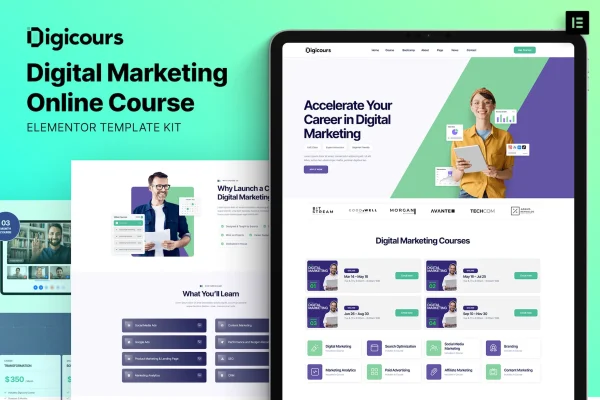 Digicours digital marketing online course Elementor template kit preview