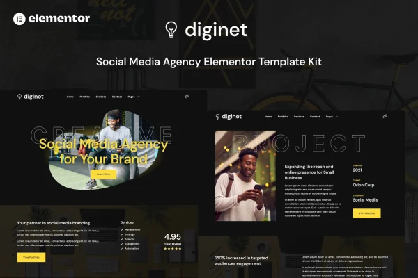 Diginet social media marketing agency Elementor template kit with dark page layouts