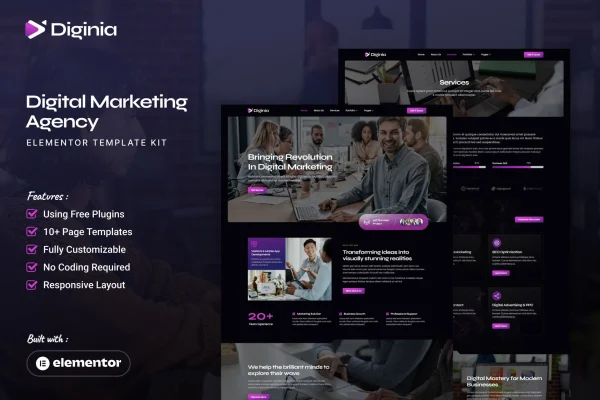 Diginia digital marketing agency Elementor template kit preview