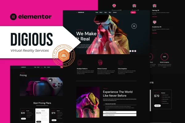 Digious virtual reality services Elementor template kit preview with dark page layouts