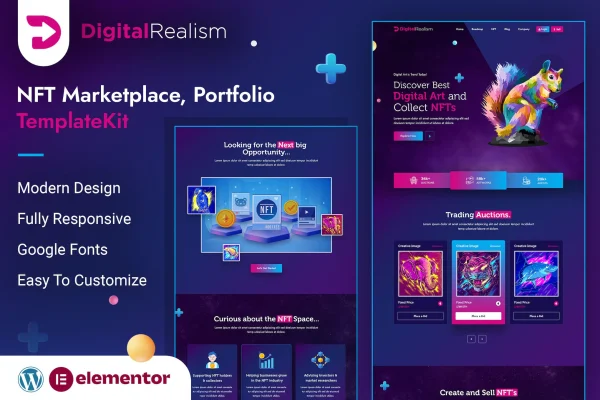 Digital Realism NFT Elementor Template Kit cover showing digital art website page designs