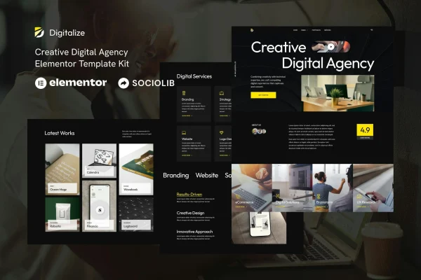 Digitalize Elementor template kit preview for a creative digital agency and portfolio website
