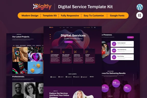 Digitly digital service agency Elementor template kit preview