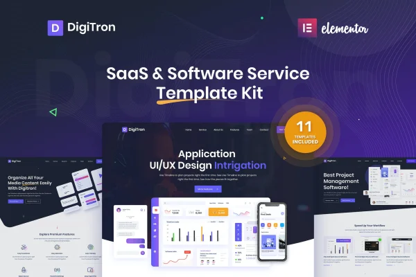 Digitron software and SaaS Elementor template kit page previews