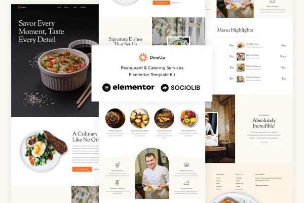 DineUp restaurant and catering Elementor template kit preview