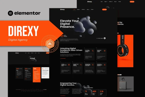 Direxy digital agency Elementor Pro template kit preview with homepage and inner page layouts