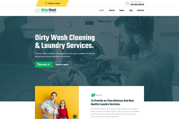 DirtyWash dry cleaning and laundry Elementor template kit preview