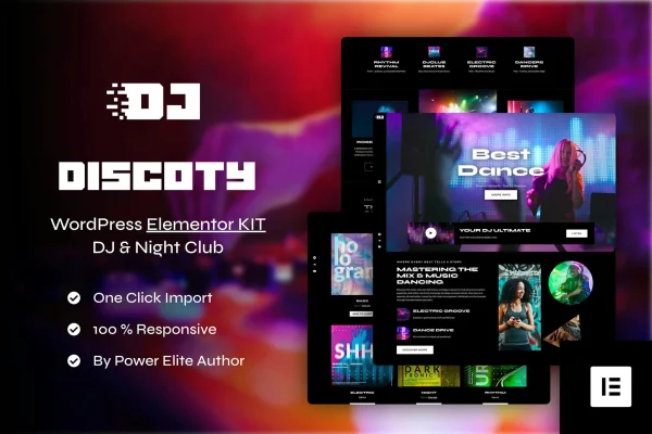 Discoty DJ and night club Elementor Pro template kit preview