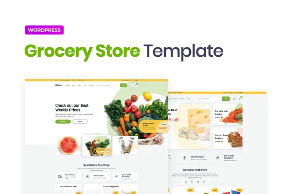 Disho grocery store Elementor template kit preview with homepage and shop page layouts
