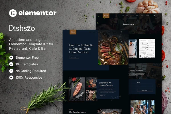Dishszo restaurant and cafe Elementor template kit cover image