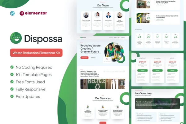 Dispossa waste reduction Elementor Pro template kit cover with eco-themed page layouts