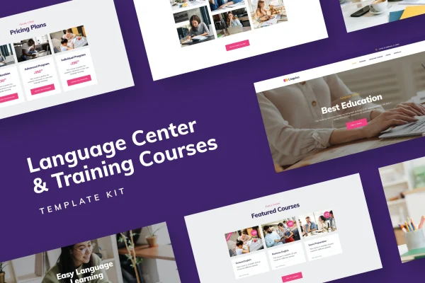 Distance Education Elementor template kit preview for a language center and training courses website