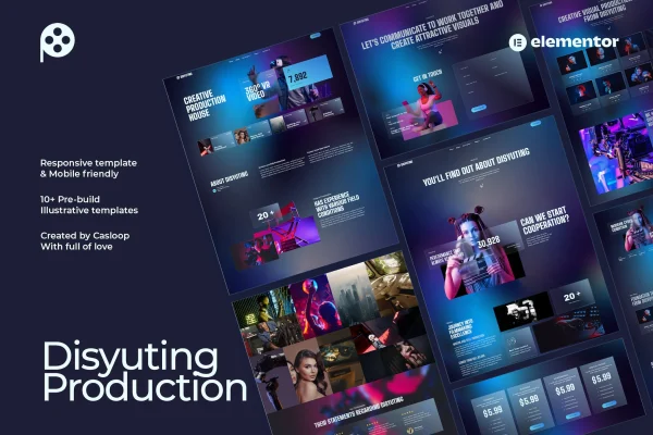 Disyuting production house Elementor template kit preview with dark design and neon accents