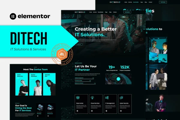 Ditech IT solutions Elementor template kit preview with dark page layouts