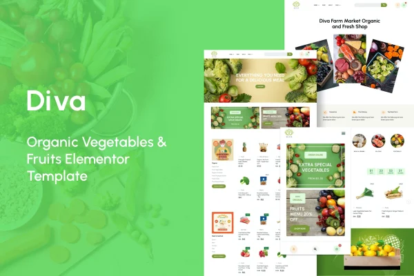 Diva organic vegetables and fruits Elementor template kit preview