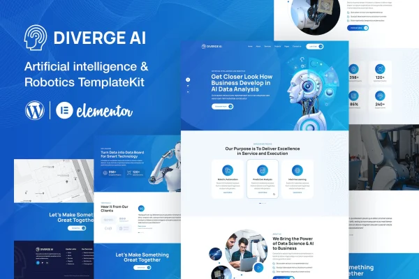 Diverge AI robotics Elementor template kit preview showing modern tech website pages