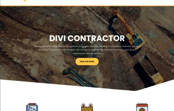 Divi Contractor theme preview showing a construction business homepage