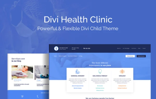 Divi Health Clinic child theme preview showing a medical clinic website homepage