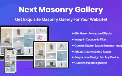 Divi Next Masonry Gallery plugin banner showing a masonry image grid