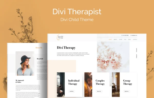 Divi Therapist theme preview showing a calm, clean therapy practice homepage