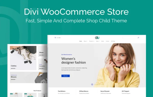 Divi WooCommerce Store child theme preview showing a styled online shop layout