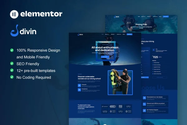 Divin diving club Elementor template kit cover with underwater themed page designs