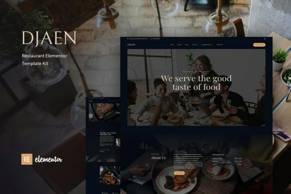 Djaen restaurant Elementor template kit page previews