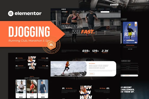 Djogging running club and marathon Elementor Pro template kit preview