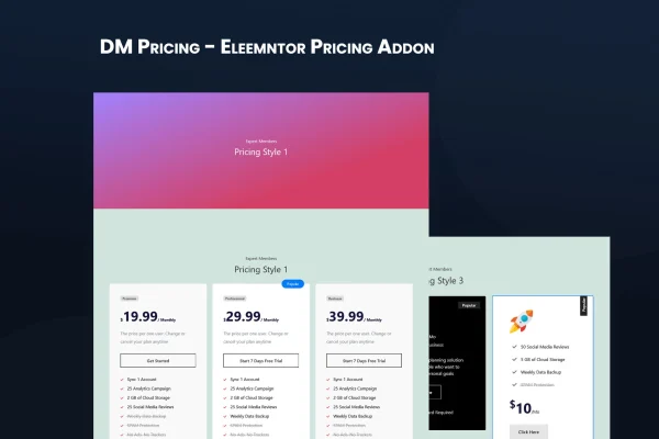 DM Pricing plugin banner showing Elementor pricing table designs
