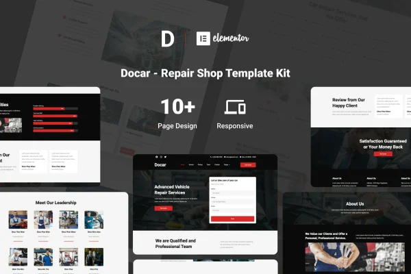 Docar repair shop Elementor template kit cover showing website page layouts