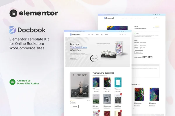 Docbook online bookstore Elementor template kit preview showing book shop page layouts