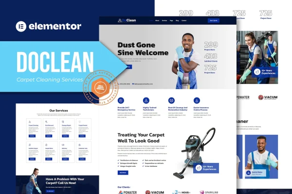 Doclean carpet cleaning services Elementor template kit preview