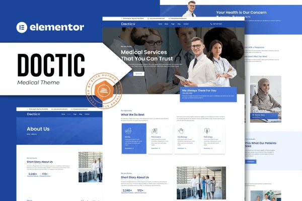 Doctic medical Elementor template kit preview with healthcare page layouts