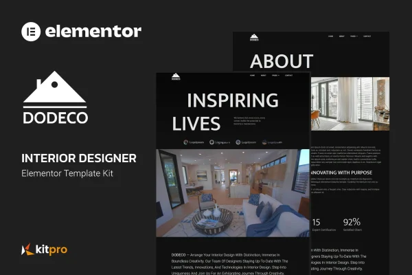 Dodeco interior designer Elementor template kit preview with modern studio page layouts