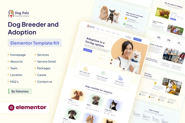 Dog Pals dog breeder and adoption Elementor template kit preview