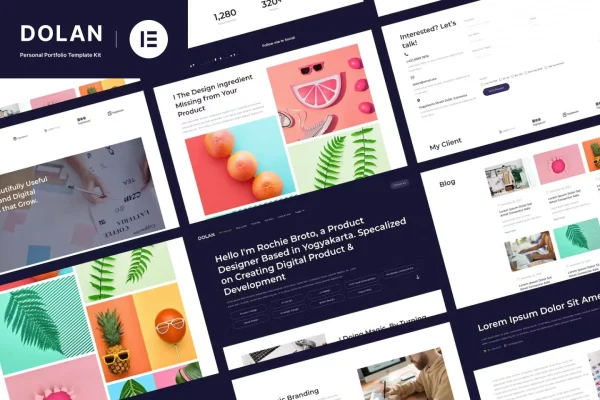 Dolan personal portfolio Elementor template kit page previews
