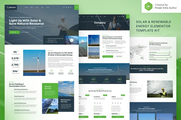 Dometric solar and renewable energy Elementor template kit preview
