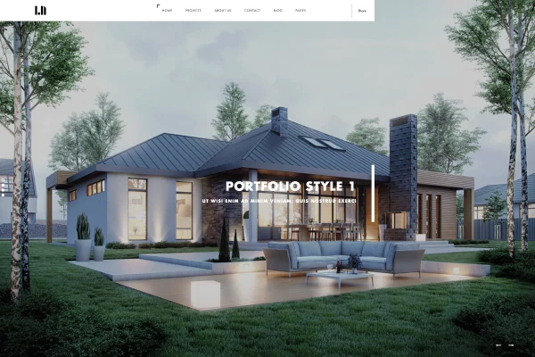 Domik architecture WordPress theme preview with portfolio homepage layout