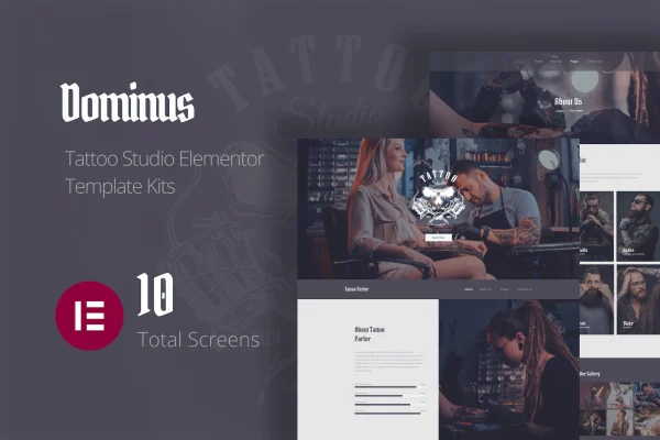 Dominus tattoo studio Elementor template kit preview with vintage style page designs