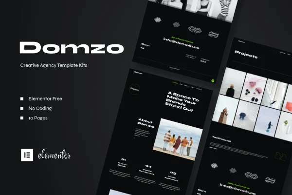 Domzo creative agency Elementor template kit cover showing page layouts