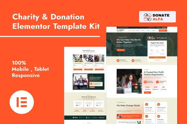 DonateAlfa charity and donation Elementor template kit cover image