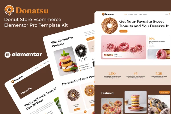 Donatsu donut store Elementor template kit preview with colorful shop page layouts