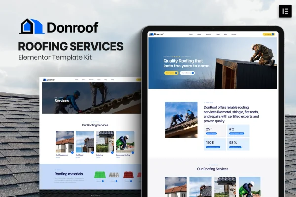 Donroof roofing services Elementor template kit preview