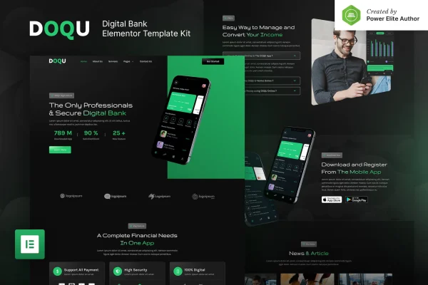 DOQU dark digital bank and e-wallet Elementor template kit preview