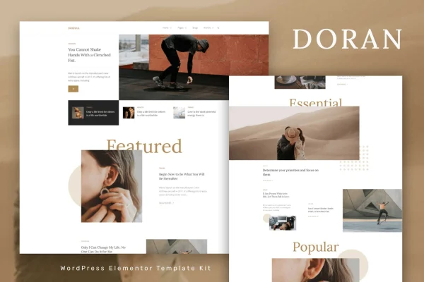 Doran blog and magazine Elementor template kit preview showing homepage and post layouts
