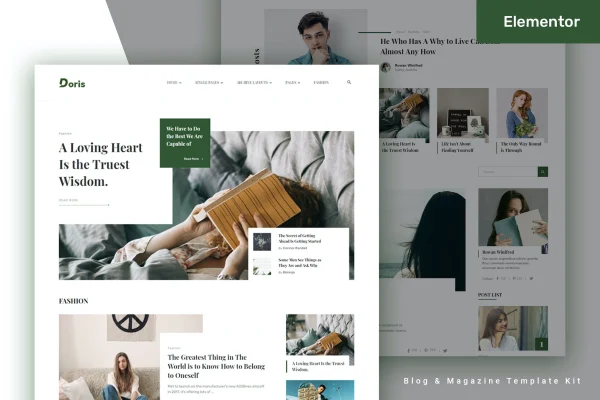 Doris blog and magazine Elementor template kit preview
