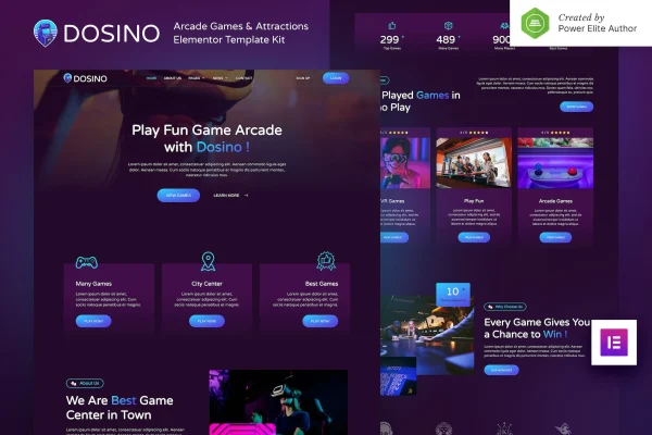 Dosino arcade games and attractions Elementor template kit cover